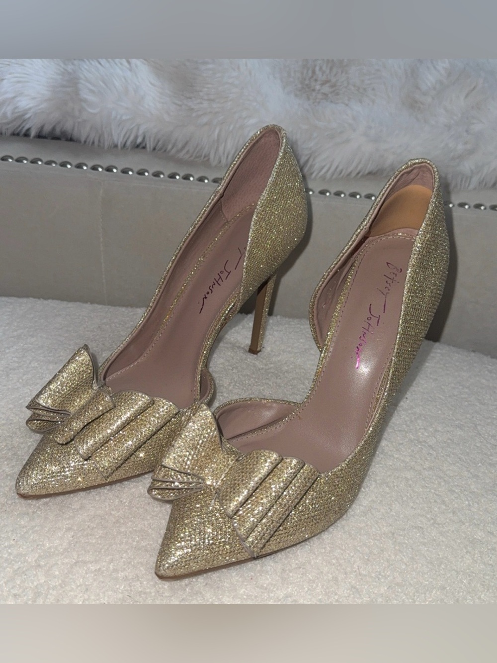 Betsey Johnson Gold Glitter Pointed-Toe Bow Pumps - Women
